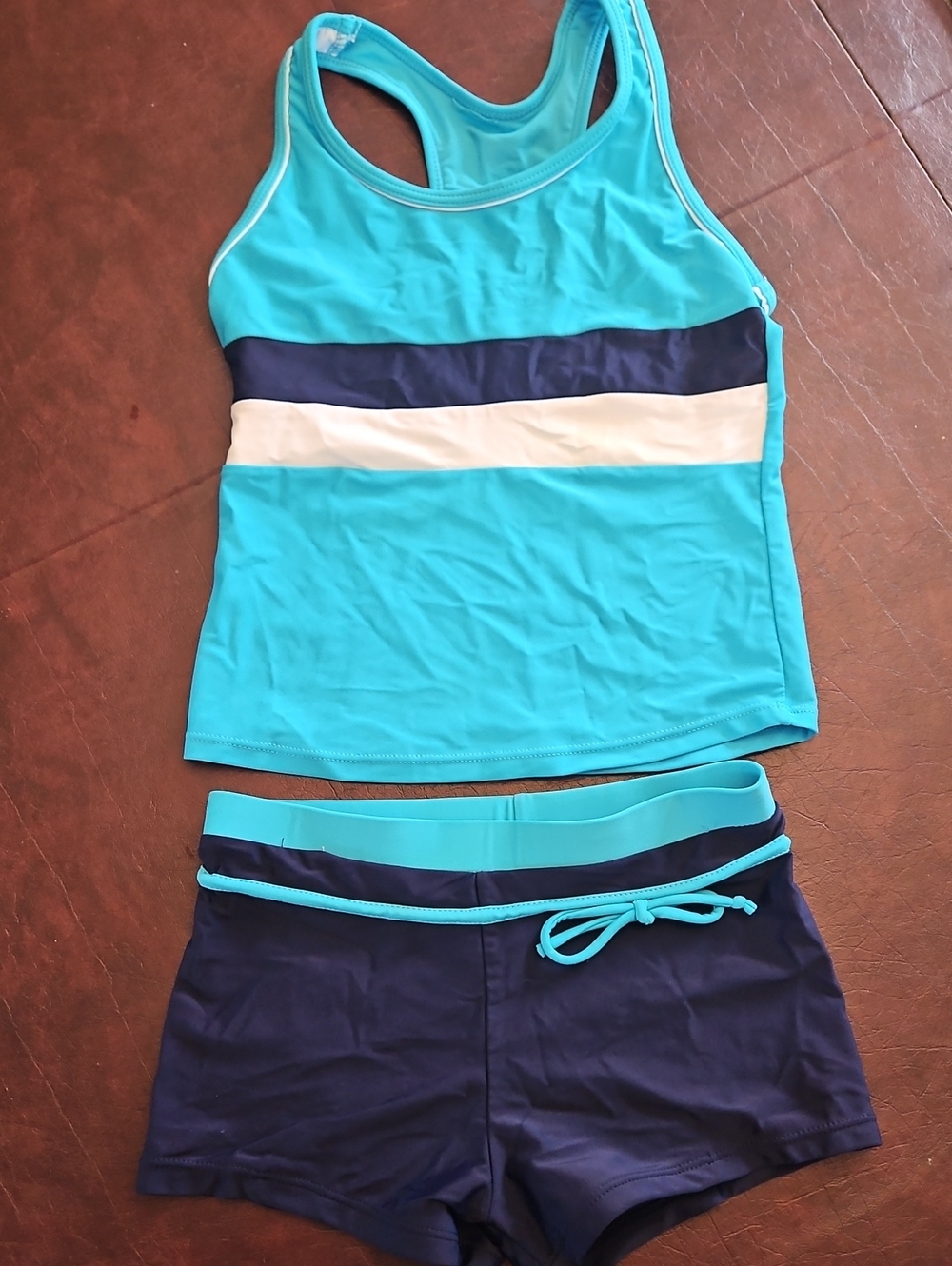 Turquoise, Navy and White Girls Two-Piece Tankini Set